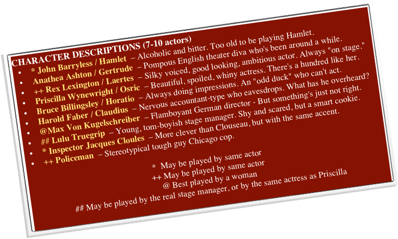 CHARACTER DESCRIPTIONS (7-10 actors)
* John Barryless / Hamlet  – Alcoholic and bitter. Too old to be playing Hamlet.
Anathea Ashton / Gertrude  – Pompous English theater diva who's been around a while.
++ Rex Lexington / Laertes  – Silky voiced, good looking, ambitious actor. Always "on stage."
Priscilla Wynewright / Osric  – Beautiful, spoiled, whiny actress. There's a hundred like her.
Bruce Billingsley / Horatio  – Always doing impressions. An "odd duck" who can't act.
Harold Faber / Claudius  – Nervous accountant-type who eavesdrops. What has he overheard?
@Max Von Kugelschreiber  – Flamboyant German director - But something's just not right.
## Lulu Truegrip  – Young, tom-boyish stage manager. Shy and scared, but a smart cookie.
* Inspector Jacques Cloules  – More clever than Clouseau, but with the same accent.
++ Policeman  – Stereotypical tough guy Chicago cop.

*  May be played by same actor
++ May be played by same actor
@ Best played by a woman
## May be played by the real stage manager, or by the same actress as Priscilla
